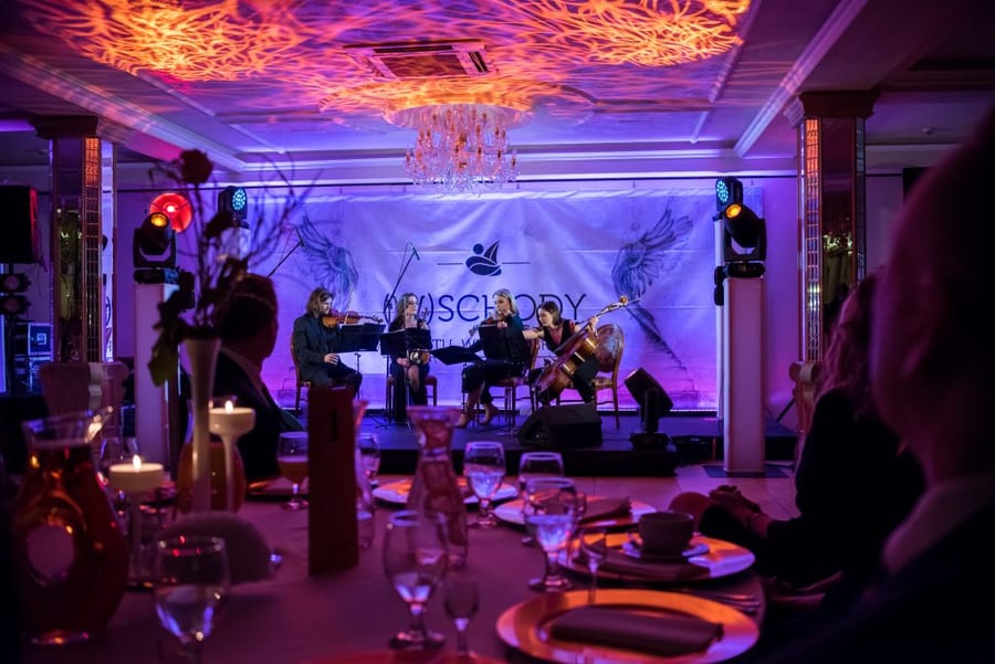 Konzert für die Gäste in einem rosa beleuchteten Saal