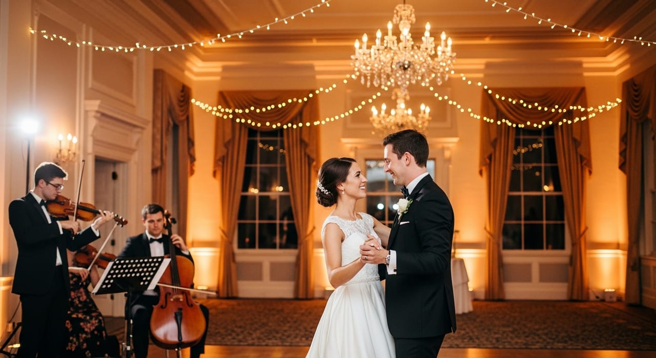 The newlyweds during their first dance accompanied by live music